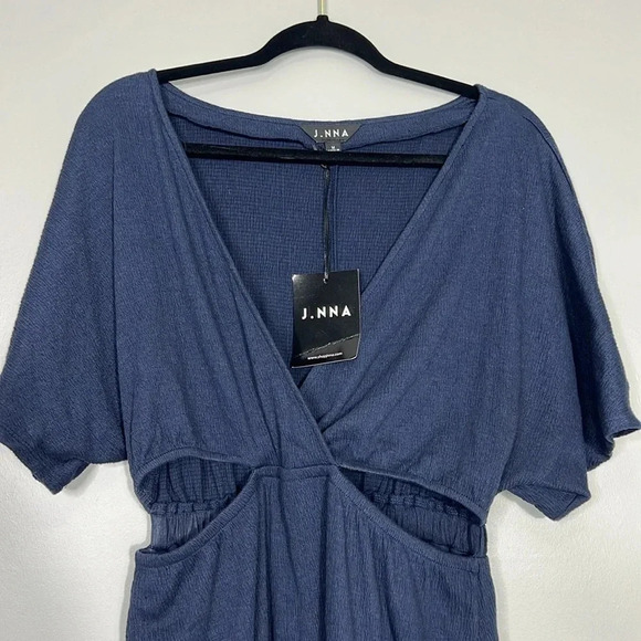J.NNA Navy Blue Midi Dress - Size Medium - NWT - Deep V Neck, Midriff Cutouts - Picture 2 of 8